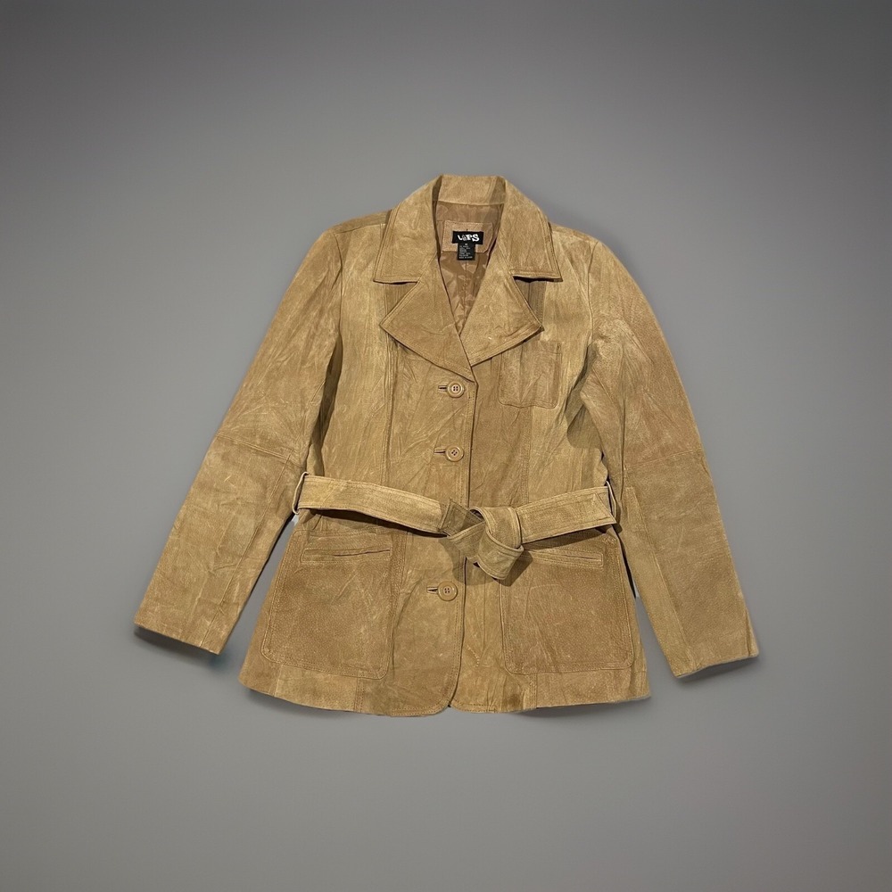 Vtg LIPS Womens Brown Leather Notch Lapel Button Up Belted Blazer Mid Coat Sz M